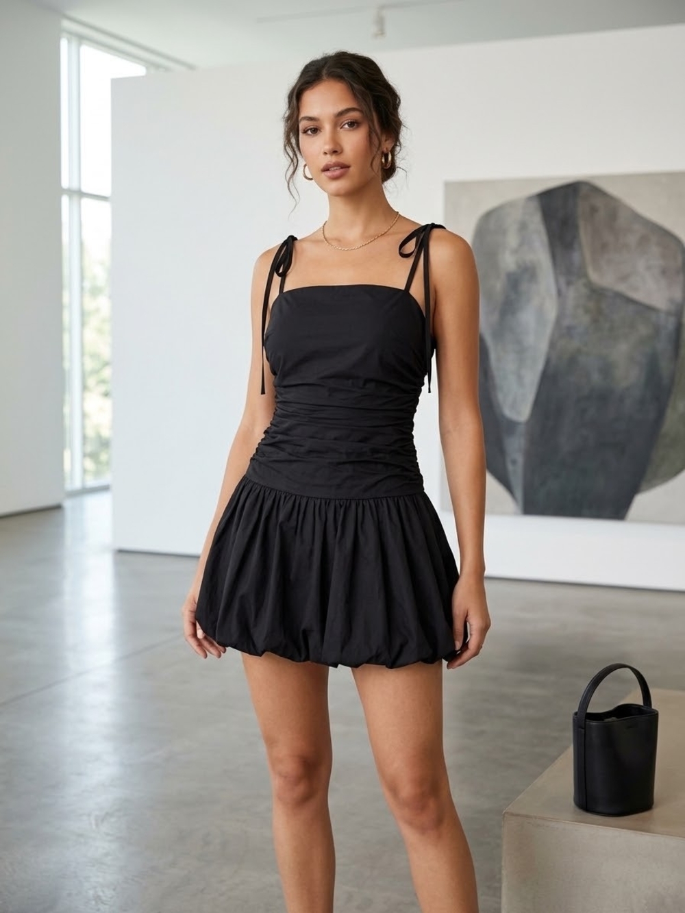 Le Lis Black Tie-Shoulder Bubble Hem Mini Dress